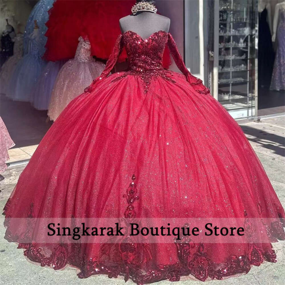 Glitter Princess Bury Quinceanera With Detachable Bell Sleeves Sweet 16 Dress Sequins Appliques Beads Vestidos Ball Gown