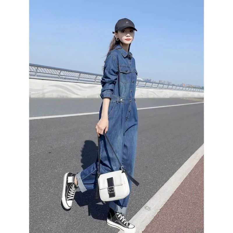 Women's Jumpsuits Rompers Oversized Denim Jumpsuits for Women Blue Denim Long Slved Loose Playsuits High Waist Casual One Piece Outfits Women Ove