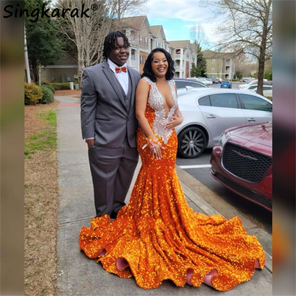 New Arrival Orange Mermaid Prom Dress 2023 For Black Girls Sheer Neck Crystals Rhies Party Gown Robe De Bal 6660306