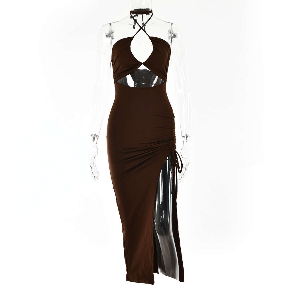 INS Spring New Sexy Spicy Girl High Split Wrinkle Hanging Neck Style Elegant Chest Show Long Dress F51033