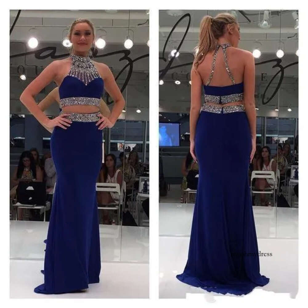 Two Pieces Dresses 2019 High Neck Sleeveless Mermaid Spandex Sweep Train Sheath Prom Party Gowns Evening Dress Formal Custom Made M66 0510