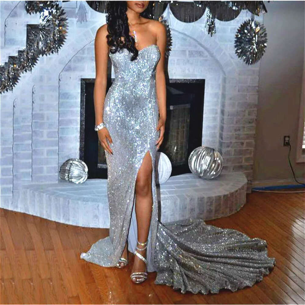 Sparkling Sier Sequin Prom Split Sheath Formal Evening Charming Party Dresses Strapless Celebrity Gowns Robes De Soiree 0510
