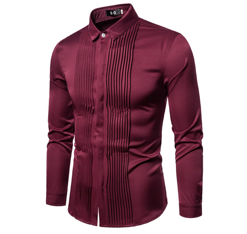 New mens long sleeved shirt British style lapel pleated mens uniform dress shirt bottom shirt 220322