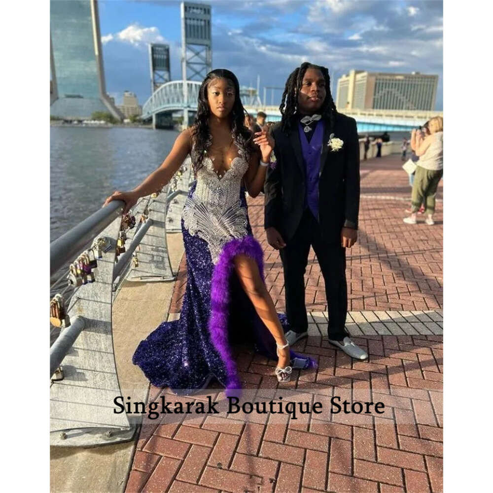 Long Purple Prom Dresses 2024 Glitter Beading Crystals Rhinestones Feathers Sequins For Black Girl Mermaid special Party Gown