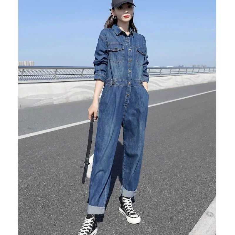 Women's Jumpsuits Rompers Oversized Denim Jumpsuits for Women Blue Denim Long Slved Loose Playsuits High Waist Casual One Piece Outfits Women Ove