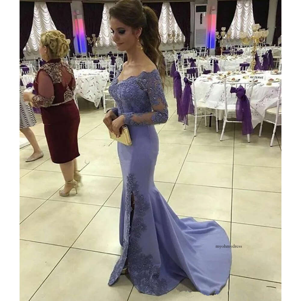 Lavender Prom 2017 Illusion Long Sleeve Sheer Mermaid Evening Dresses Lace Party Dress Off -Shoulder Evening Wear Side Split 0510