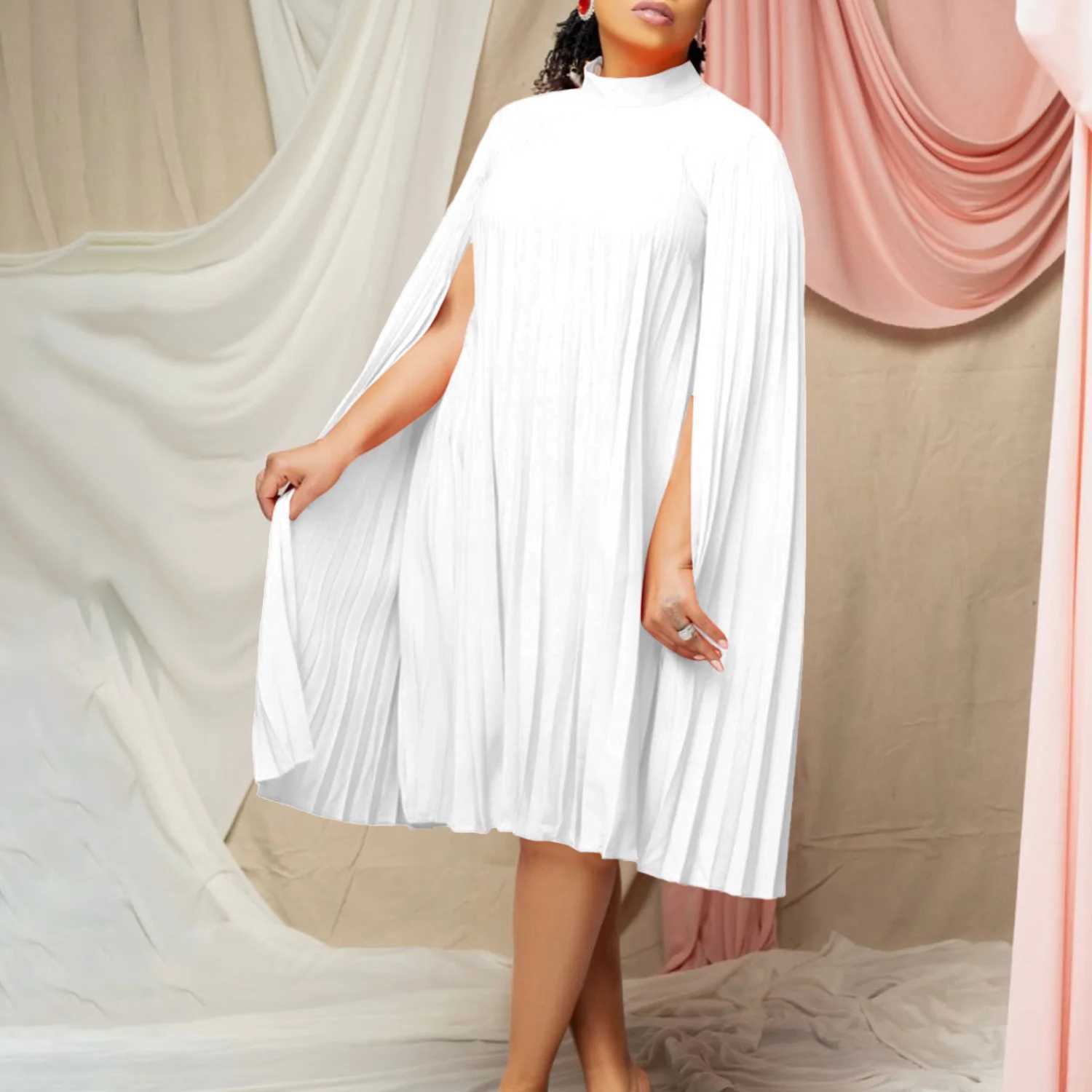 Plus size Dresses Spring Elegant Cloak For Women Long Batwing Slve Short Dresses For Women O Neck Pleated Top Dress Women plus size Y240510