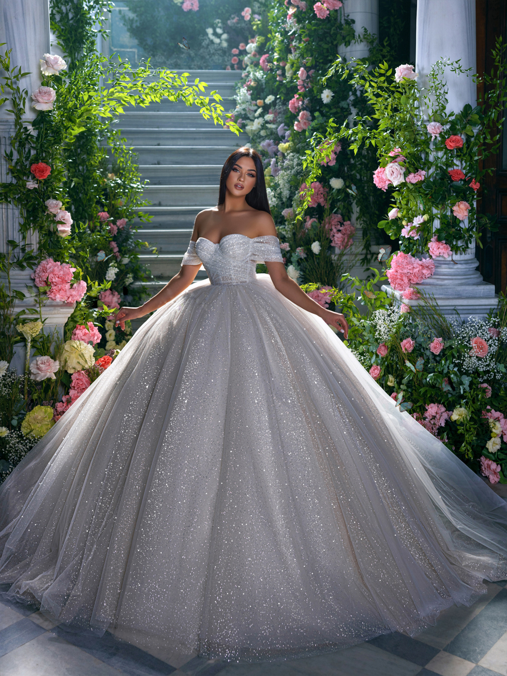 Bling Sparkly Lace Sweetheart Ball Gown Wedding Dress Delicate Off Shoulder Short Sleeves Bridal Gowns With Pleats