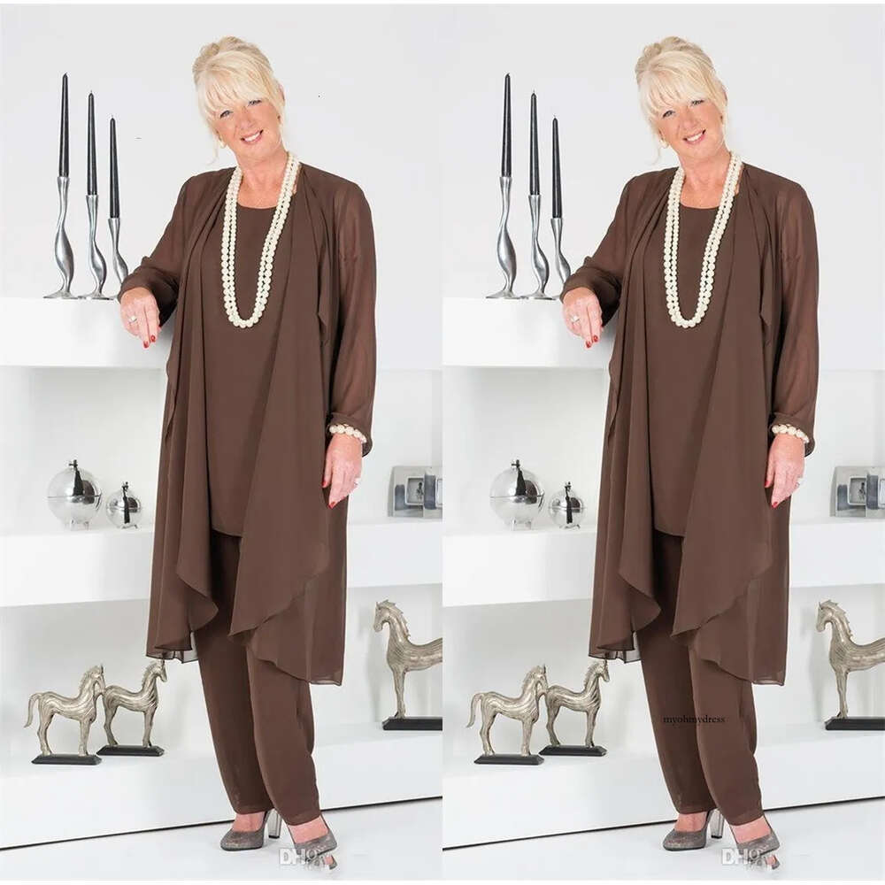Classic Brown Of The Pant With Jacket Mother Bride Gowns Guest Dresses Plus Size Formal Ladies Wedding Suits 0510