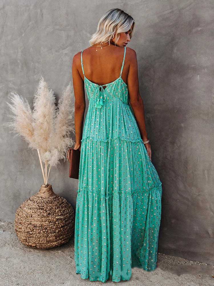 Basic Casual Dresses Fitshinling V Neck Boho Summer Long Dress Holiday Beach Pareo Spaghetti Strap Sexy Maxi Dresses Women Clothing Bohemian Vestidos 