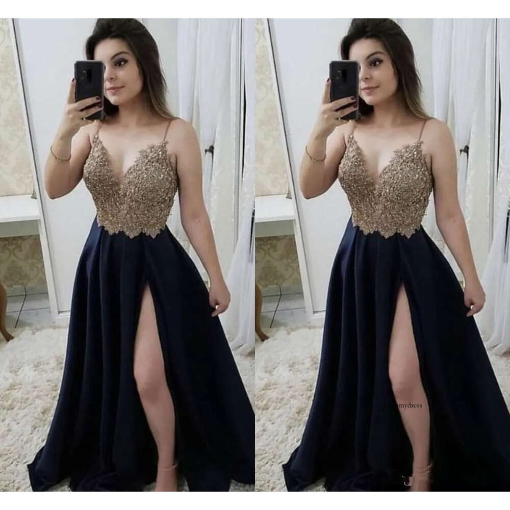 Shiny Beaded Prom Spaghetti Straps Sexy Thigh High Slits Black Satin Evening Gowns New Tail Party Dresses B39 0510