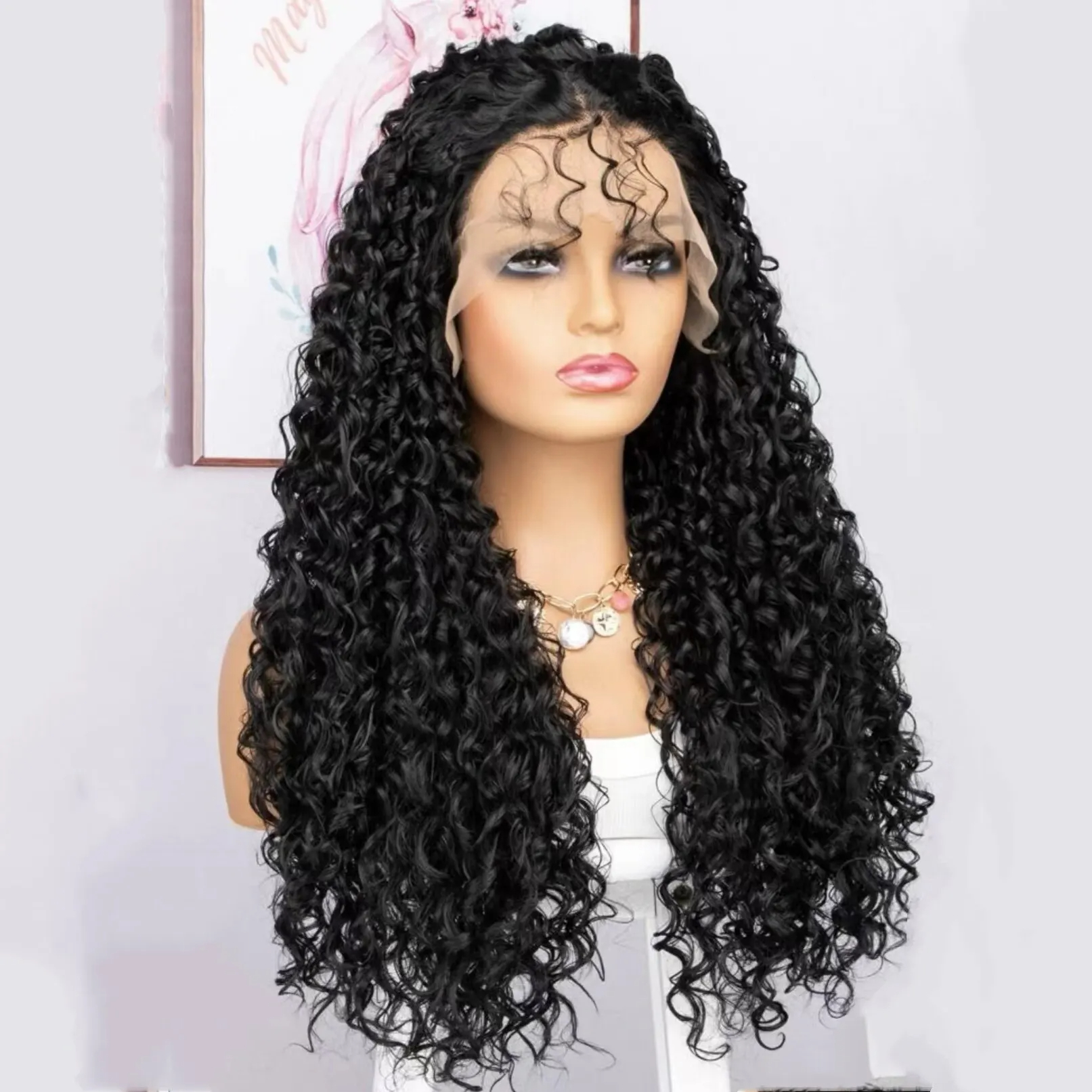 Long Loose Curly Deep Wave Lace Front Wig Heat Resistant Synthetic Middle Part Wig for Women