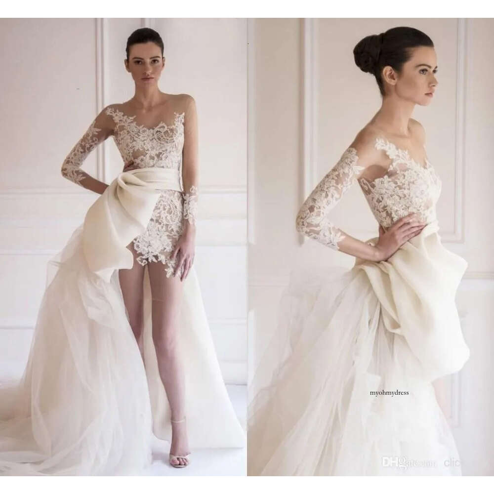 Delicate Short Lace With Detachable Skirt Appliqued Beach Wedding Gowns Long Sleeve Bridal Dresses Illusion Tulle Customize 0510