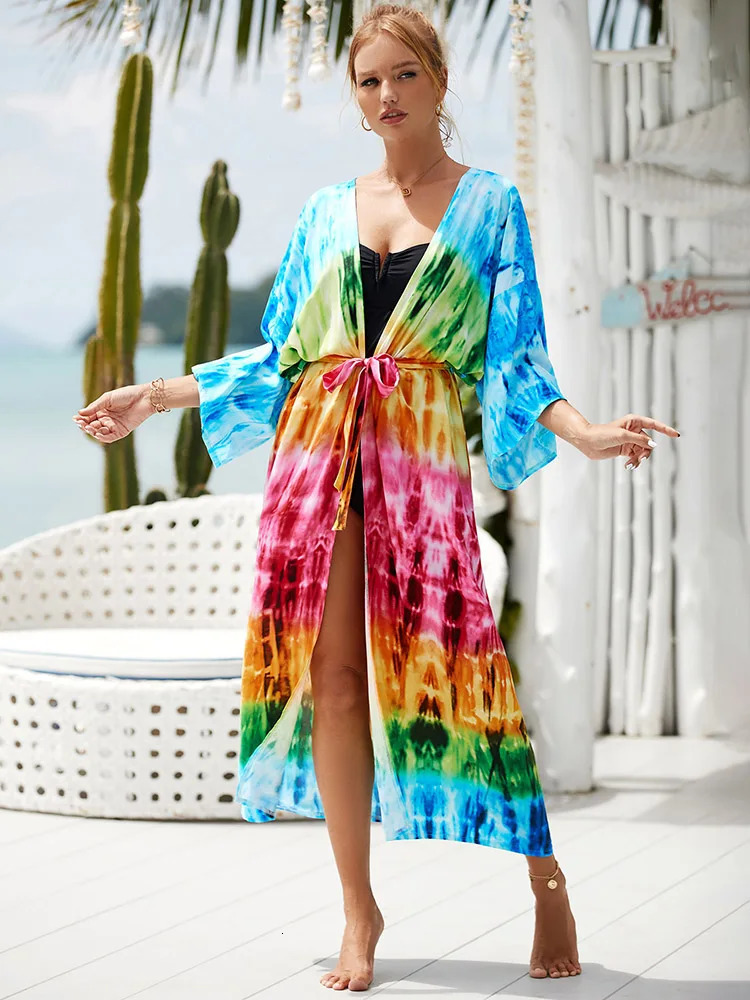 Sexy Gradient Color Bikini Coverups Kimono Pareo Tunic Dres Clothes Summer Beach Wear Woman Swimwear Cover Up Robe 240426