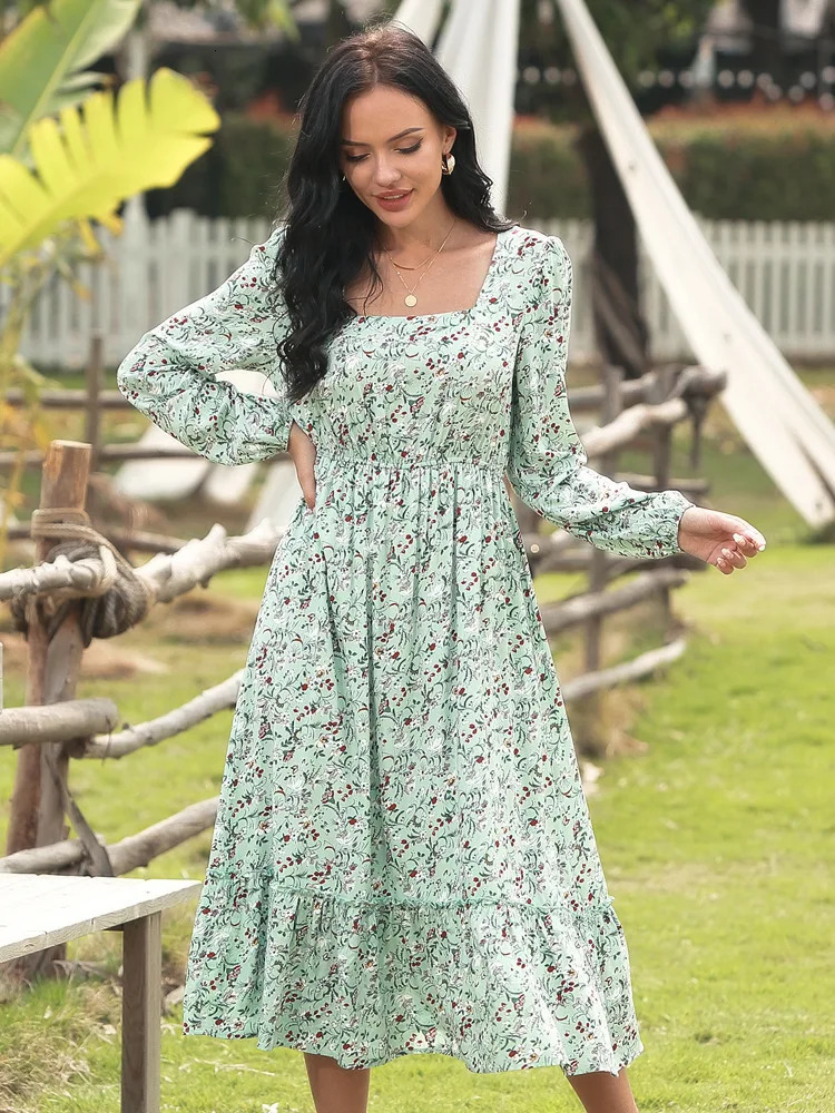 Long Sleeve Maxi Dress for Women Square Neck Casual Boho Floral Print Spring Summer Dresses 240509