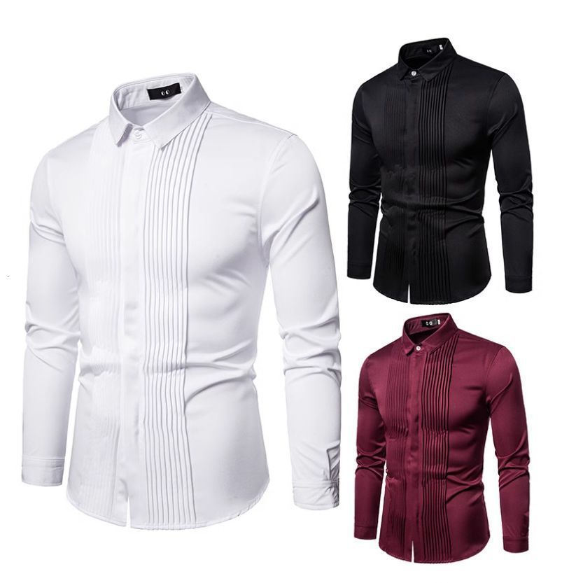 New mens long sleeved shirt British style lapel pleated mens uniform dress shirt bottom shirt 220322