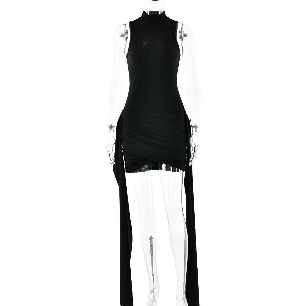 Hot selling new dress in spring, sexy and elegant, solid color round neck sleeveless buttocks tied short skirt F51037