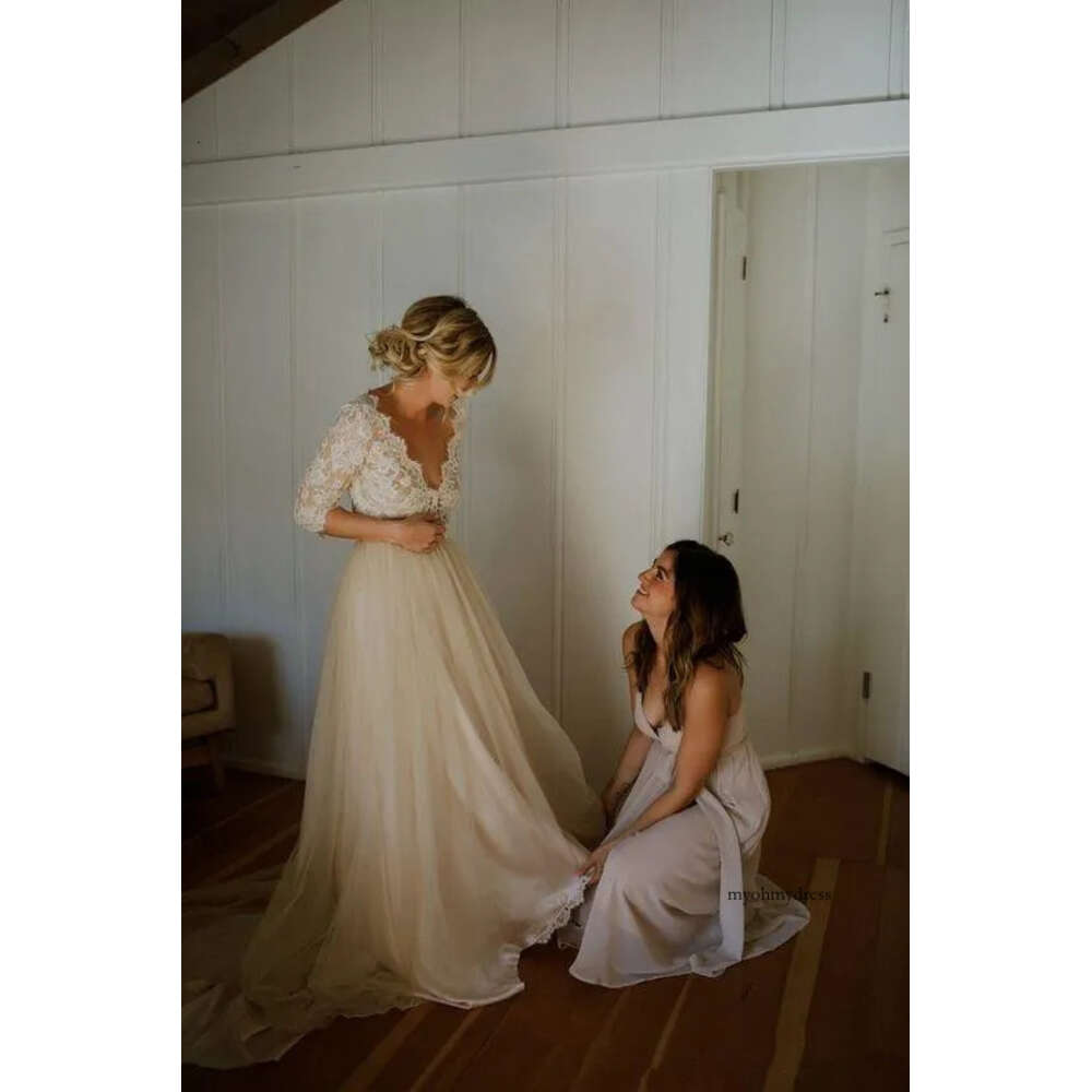 Beach Boho Champagn Lace Dresses 3/4 Long Sleeve Illusion Bodice V Neck Tulle A Line Garden Outdoor Wedding Bridal Gowns M52 0510