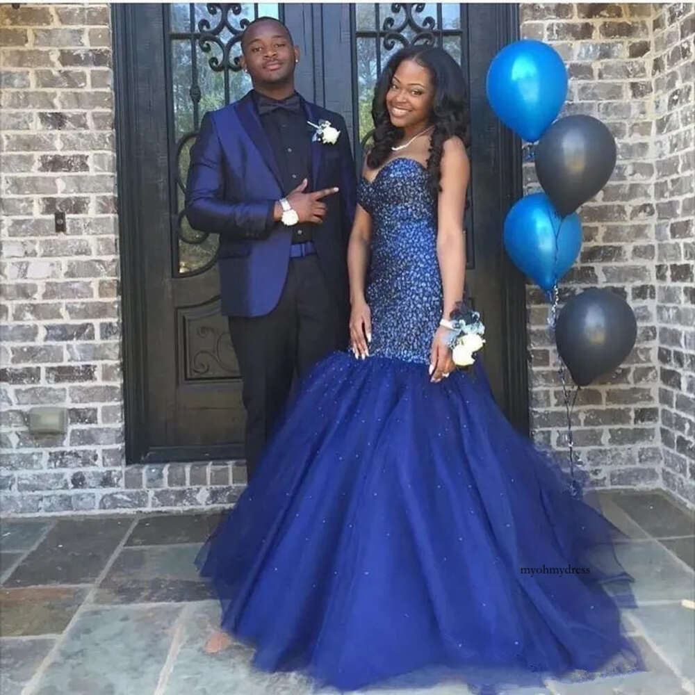 Sexy Mermaid Rhinestone Prom Dresses African Graduation Dress Organza Trumpet Dark Navy Evening Gowns Robe De Soiree Evening Dresses 0510
