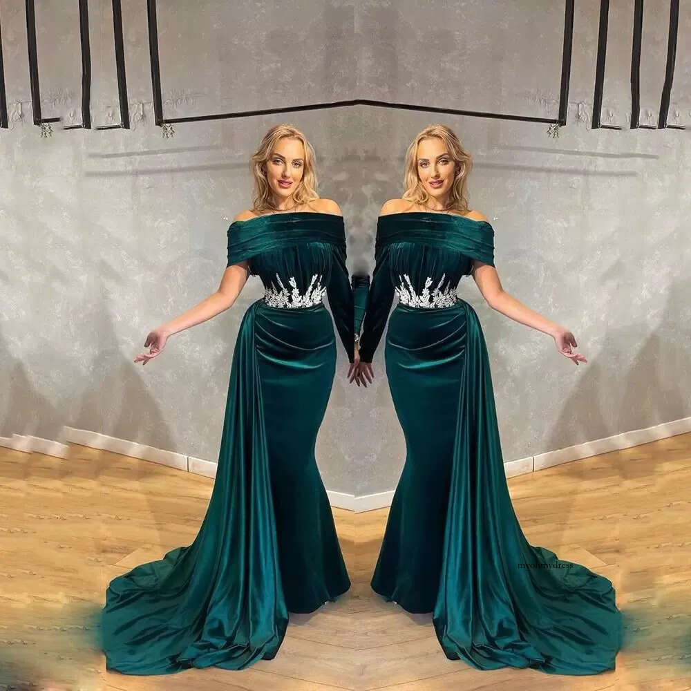 Hunter Green Mermaid Satin Prom Dresses Off The Shoulder Short Sleeves Appliques Lace Evening Gowns Robes De M26 0510