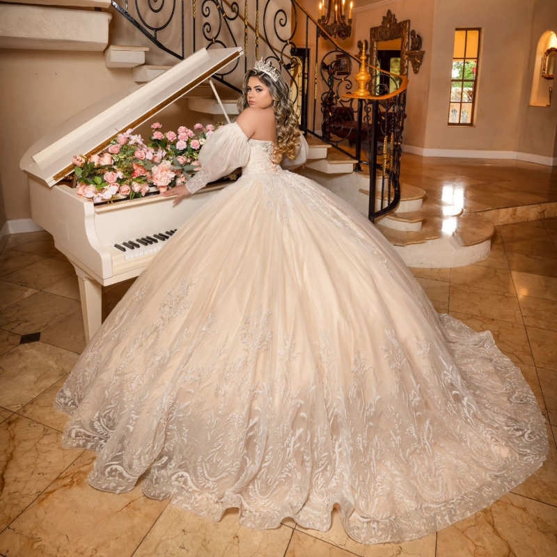 Champagne Off The Shoulder Ball Gown Quinceanera Dresses Puff Sleeve Sequined Appliques Lace Beads Tull Corset Vestidos De 15