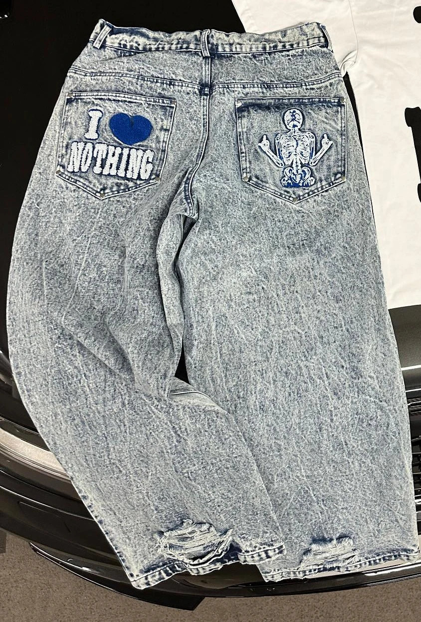 Y2k Men Jeans Baggy Jeans Hip Hop Punk Ripped Jeans Harajuku Goth Skull Embroidery Wide Leg Straight Jeans for Men 240429