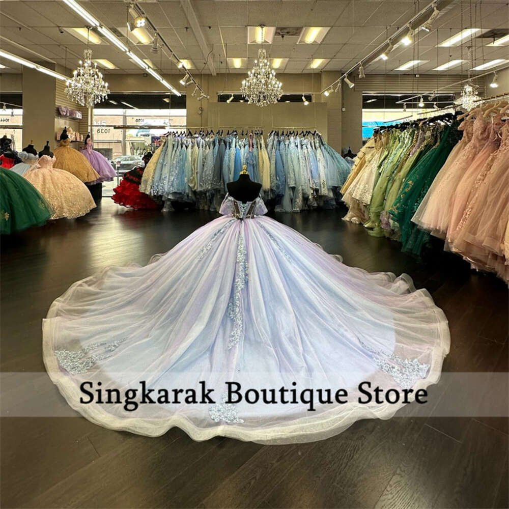 Green Sage Princess Quinceanera Dresses Lace Applique Beaded Ball Gown Off Shoulder Crystals Birthday Prom Vestido Court Train