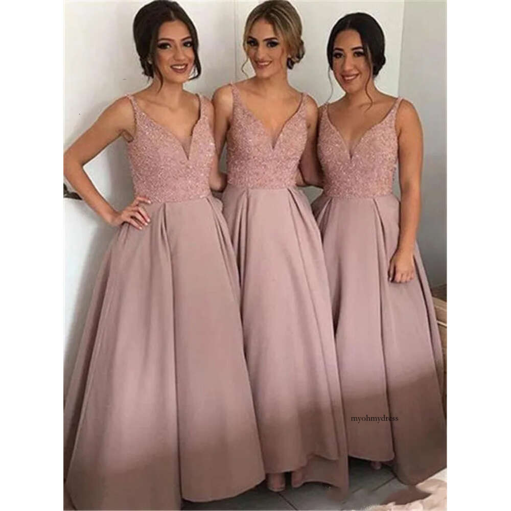 2019 Elegant Beaded Satin Bridesmaid Blush Pink Maid Of Honor Dress V Neck Evening Party Wedding Guest Dresses Custom Made 0510