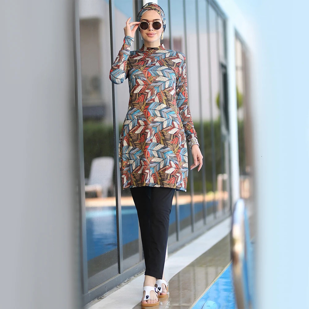 3 PcsSet Muslim Swimsuit Womens Printed Stretch Full Coverup Islamic Clothe Hijab Long Sleeve Sports Swimsuit Swimsuit 240419
