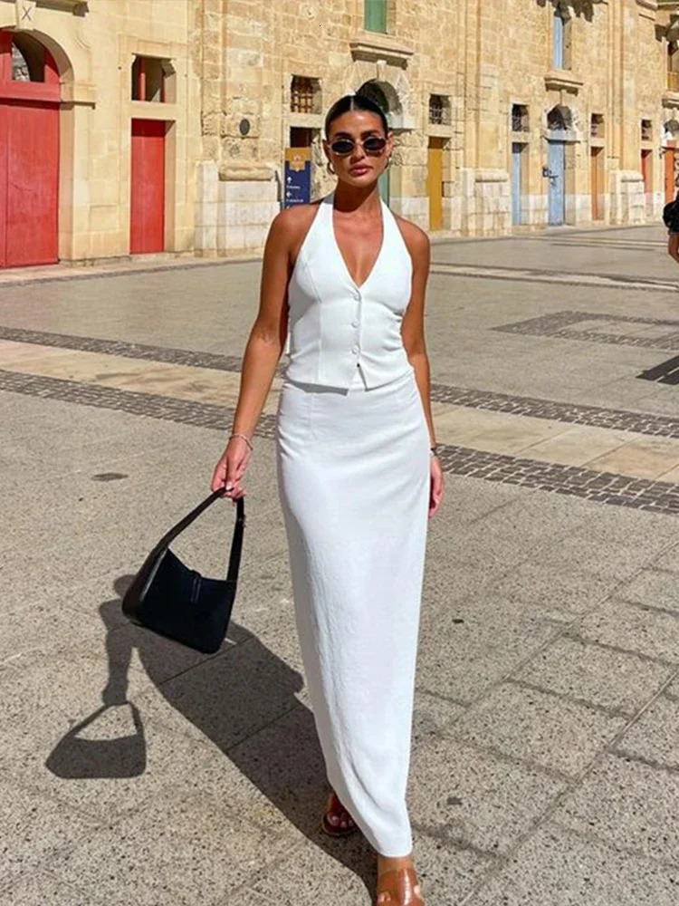 Fashion Sleeveless Halter Tops Hip Package Long Skirt 2 Pieces Set Suit Skirts Sets Women Elegant 2024 Summer Lady Street Outfit 240509