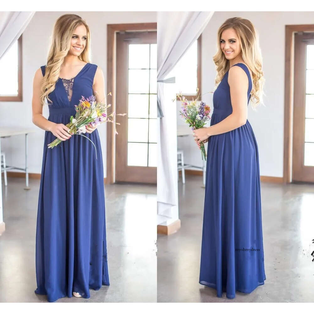 New Dark Navy Cheap Chiffon Bridesmaid A Line Floor Length Pleats V Back Maid Of Honor Dresses Custom Made 112 0510