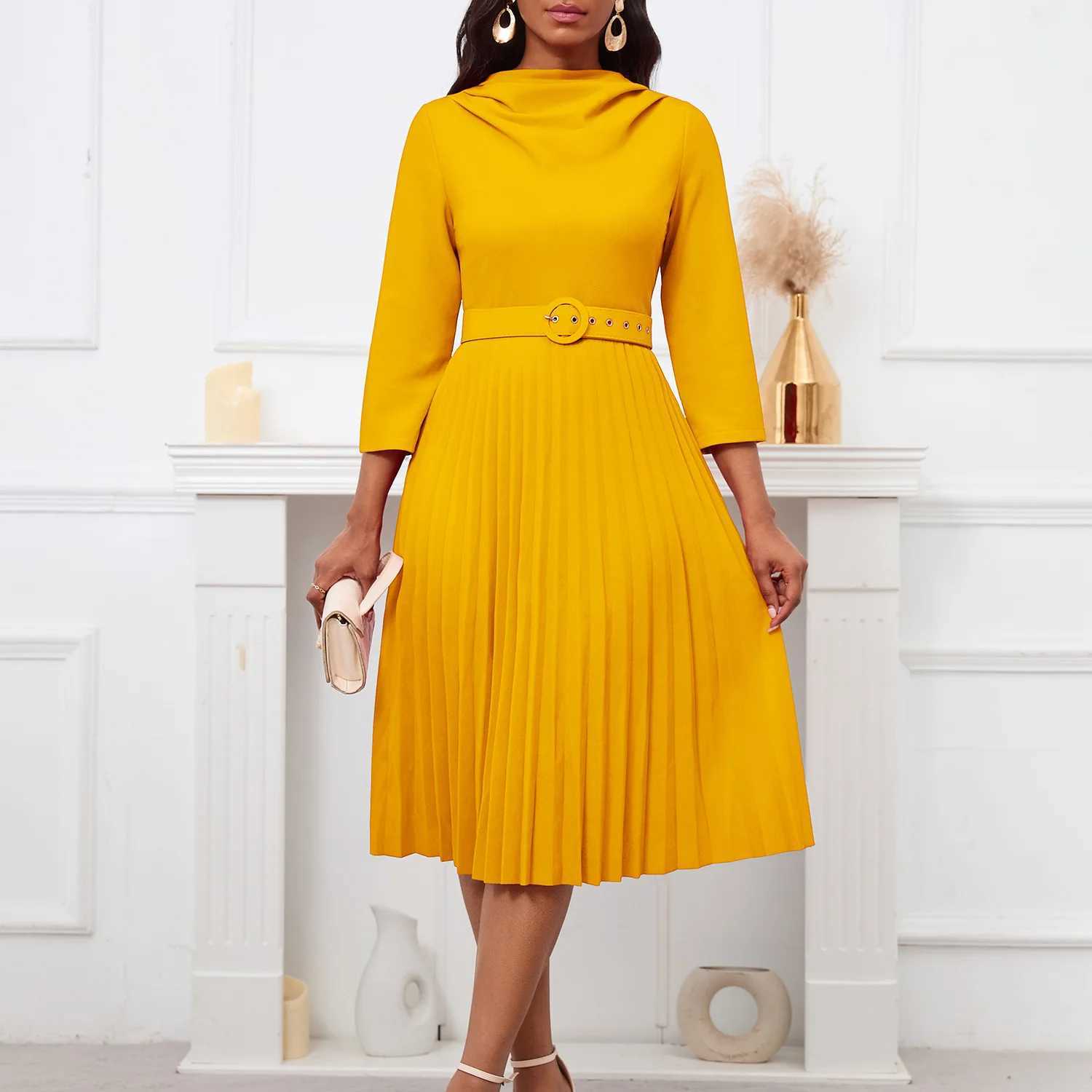 Plus size Dresses Latest Design Elegant Dresses Women Casual Solid Color Long Slve Pleated Dress Fashionable Ladies Office Dress With Belt Y240510