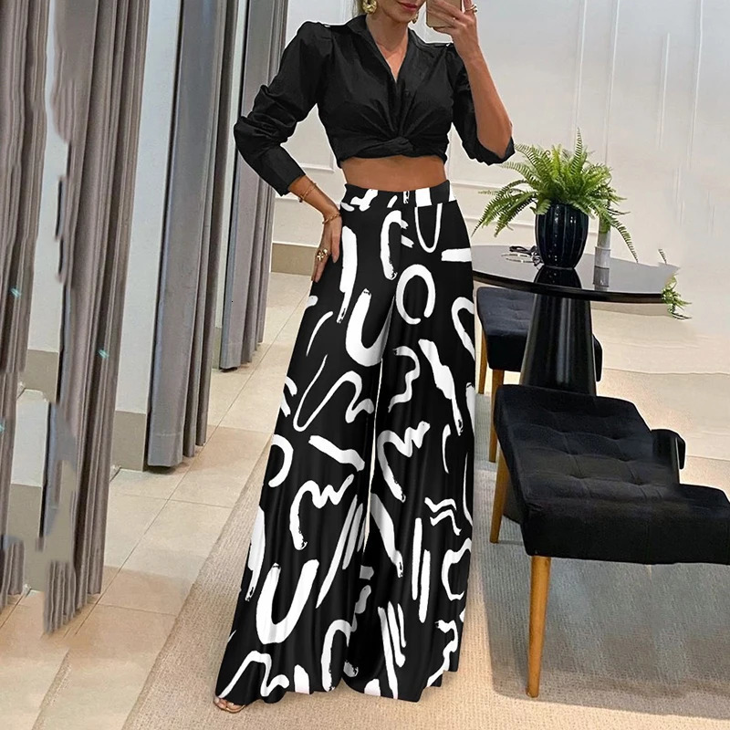 Fashion Women Sets Bohemia Beach Style Street Trendy VNeck Long Sleeve Shirt Top Wide Leg Pants High Waist Set 240423