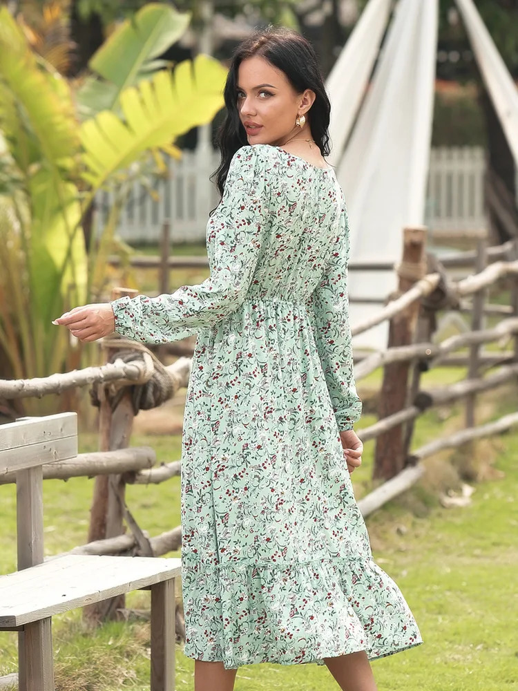 Long Sleeve Maxi Dress for Women Square Neck Casual Boho Floral Print Spring Summer Dresses 240509