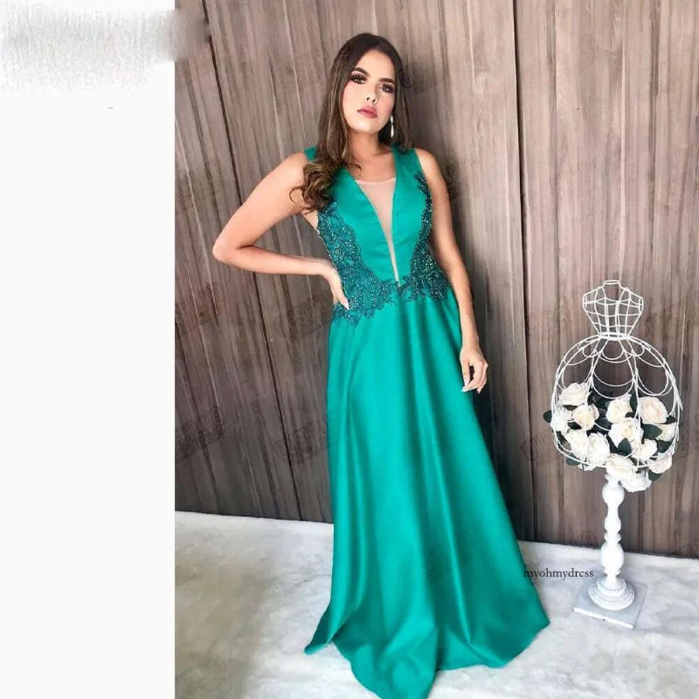 A Line Formal Evening Long Backless Deep V-Neck Appliques Beading Prom Dress Turquoise Open Back Celebrity Dresses Z71 0510
