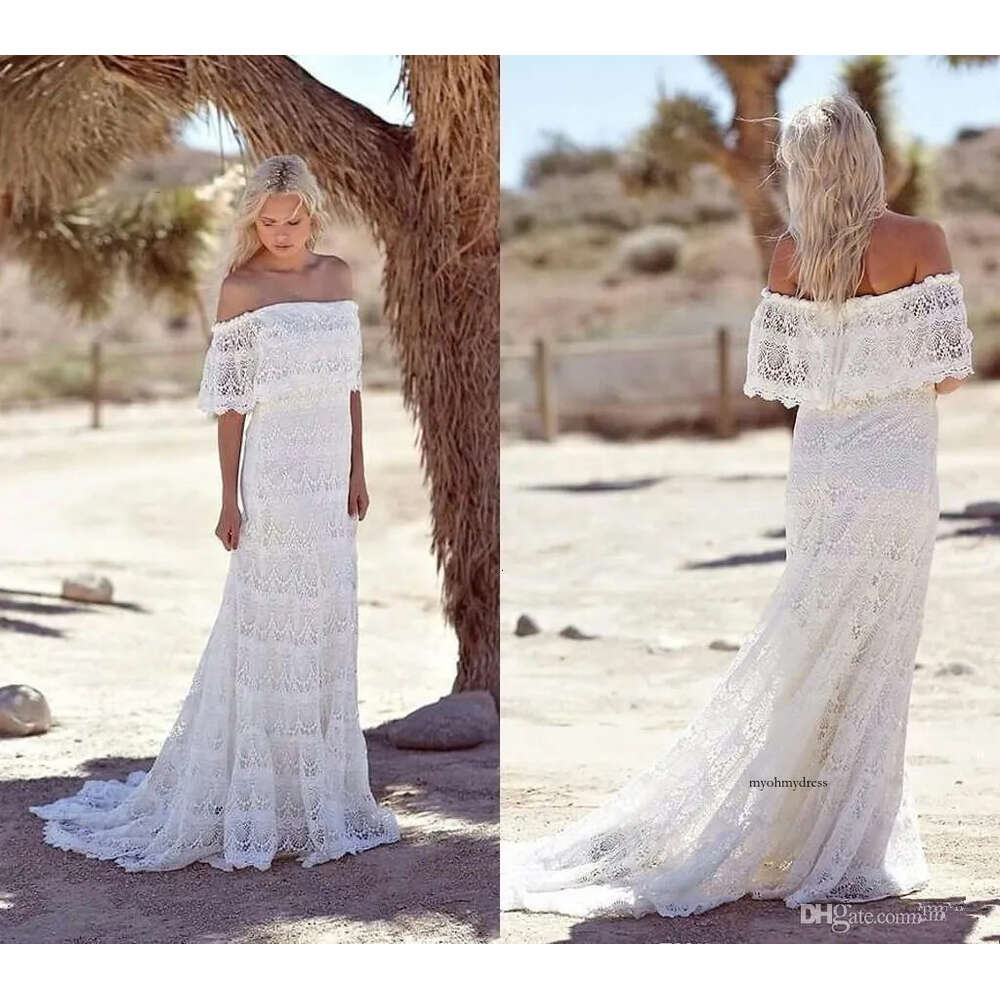 Bohemian Lace A Line Off The Shoulder Country Wedding Gowns Boho Beach Bridal Dresses Vestidos De Novia Custom Made 0510