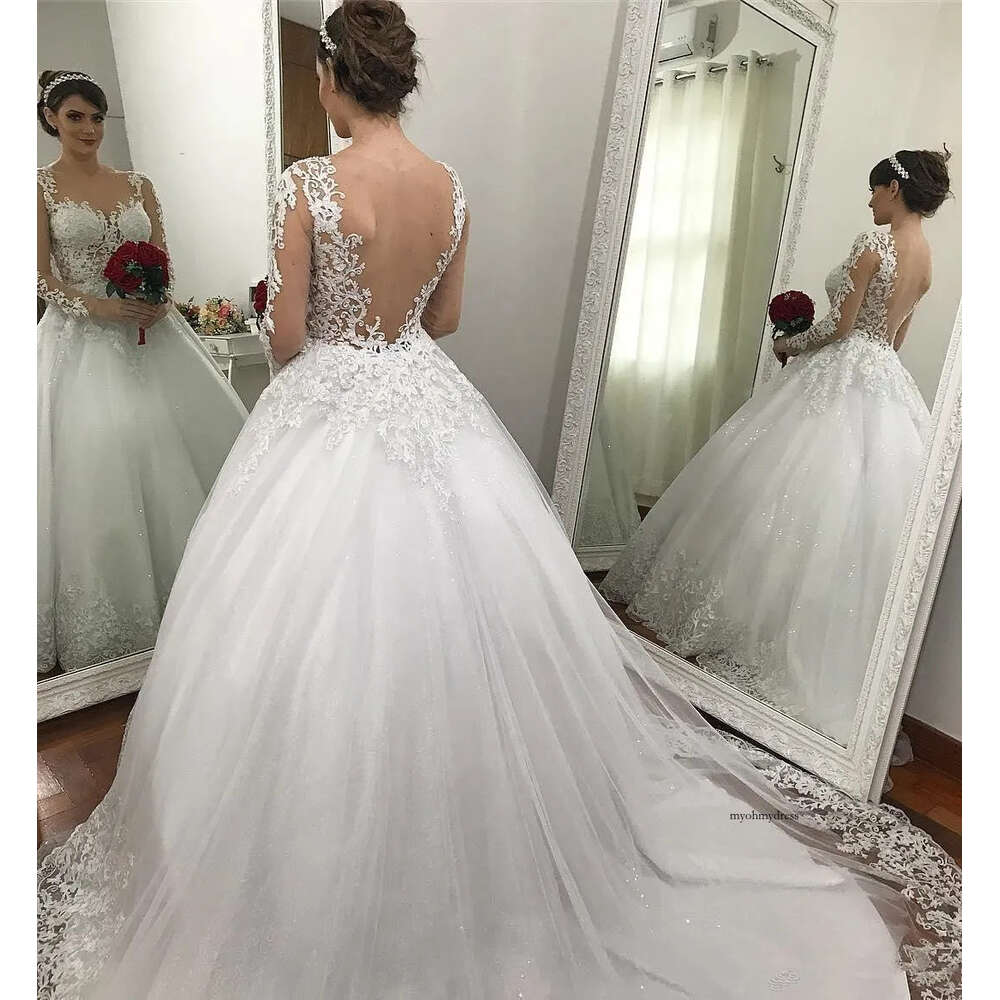 Vintage Sheer Neck Lace Ball Gown Dresses Long Sleeves Illusion Back Court Train Wedding Bridal Gowns Custom Made Z119 0510