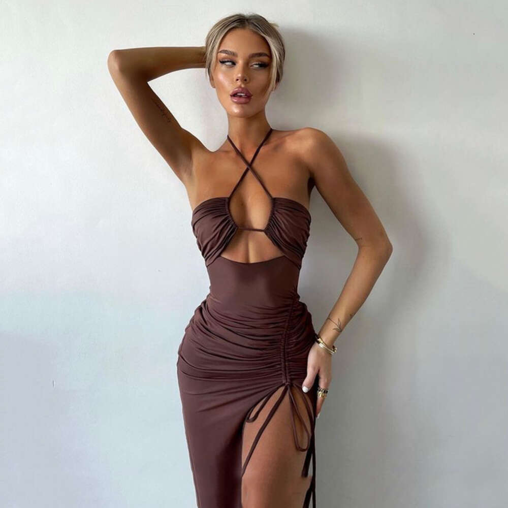 INS Spring New Sexy Spicy Girl High Split Wrinkle Hanging Neck Style Elegant Chest Show Long Dress F51033