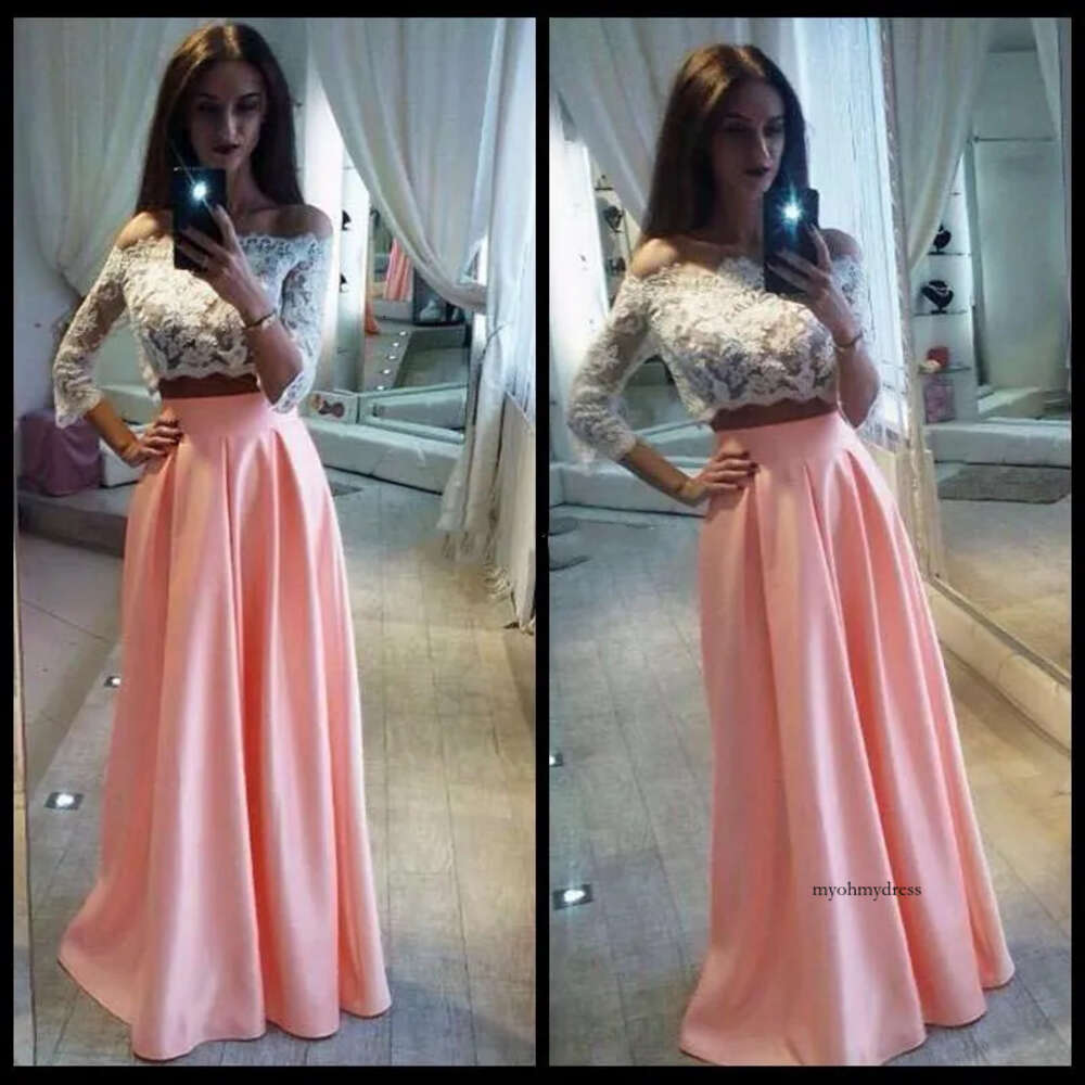 2019 Two Piece Dresses Long Sleeve Party Illusion Off The Shouder Formal Prom Gowns Sweet 16 Graduation Dress Lace Corset 0510