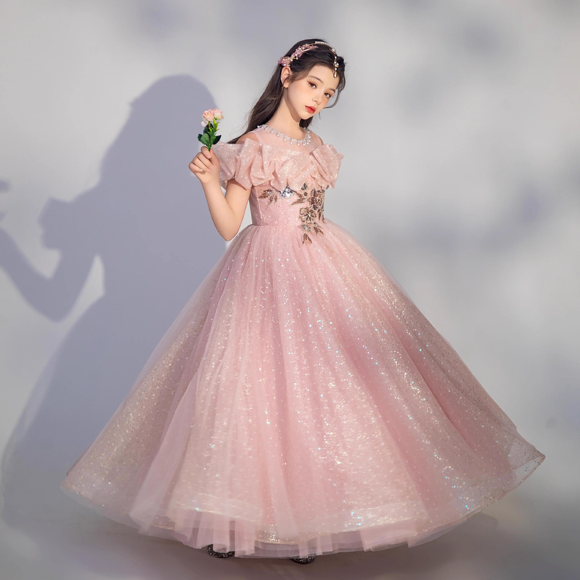 2024 Kids Formal Wear Elegant Birthday Dress off shoulder princess Ball Gown Flower Girl Dresses for Wedding TUTU Cute Princess Kids Gown pink sequine
