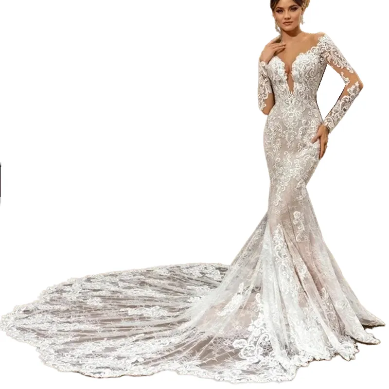 Long Sleeves Beach Boho Lace Mermaid Wedding Dresses Bridal Gowns Sheer V-Neck Chapel Train Summer Vestido De Novia