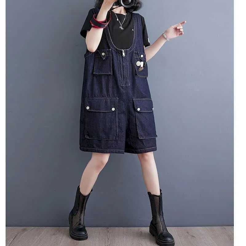 Women's Jumpsuits Rompers Denim Jumpsuits Korean Fashion Playsuits One Piece Outfits Women Clothing Oversized Five-point Shorts Big Pocket Wide L