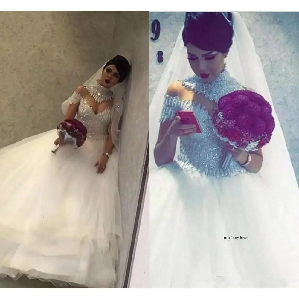 Vintage Ball Gown Dresses Off-Shoulder High Neck Mor Appliques Beaded Illusion Back Court Train Bridal Wedding Gowns 88 0510