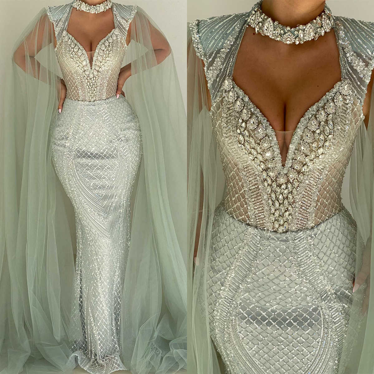 Luxury Mermaid Wedding Dresses Sequins Crystals Beads Design Hollow Tulle Cape Sweep Train Backless Custom Made Plus Size Bridal Gown Vestidos De Novi