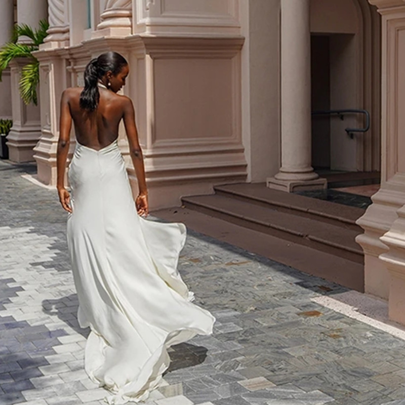 Fashion Mermaid Wedding Dress for Bride Sexy High Split Halter Neckline Satin Lace Bridal Gowns for Marriage for Nigeria Illusion Designers Dresses