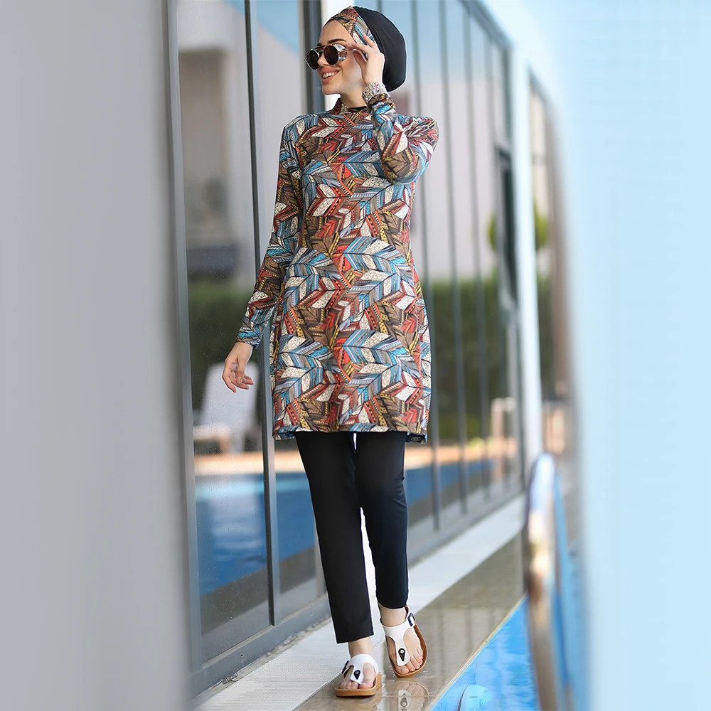 3 PcsSet Muslim Swimsuit Womens Printed Stretch Full Coverup Islamic Clothe Hijab Long Sleeve Sports Swimsuit Swimsuit 240419