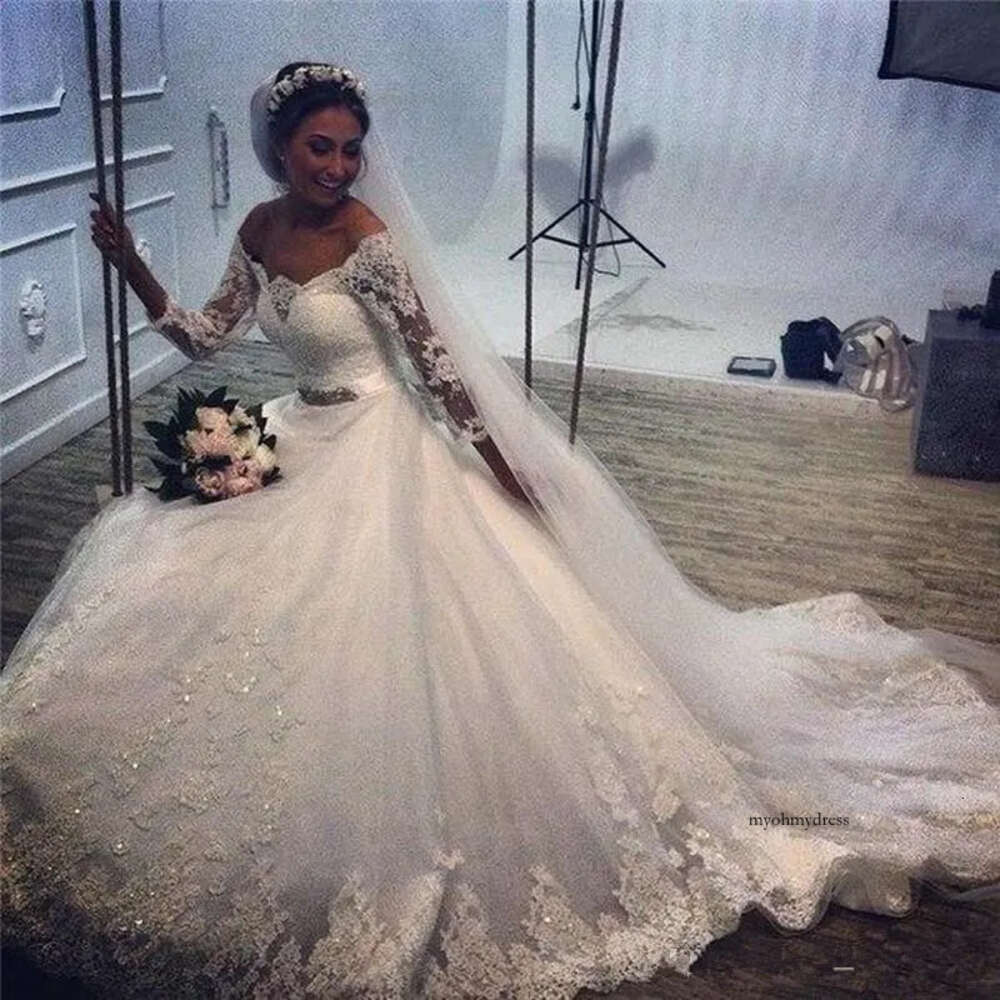 Fashion Off The Shoulder Dresses Long Illusion Sleeves Bling Sequin Beaded Wedding Dress Bridal Gowns Plus Size Cheap M33 0510
