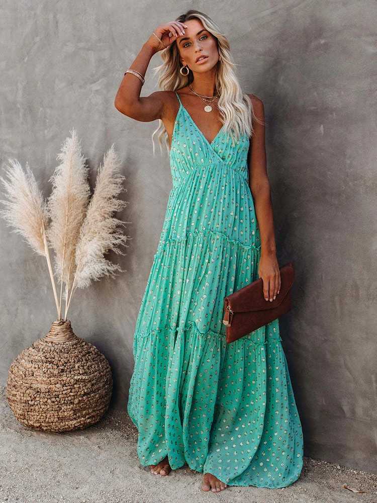 Basic Casual Dresses Fitshinling V Neck Boho Summer Long Dress Holiday Beach Pareo Spaghetti Strap Sexy Maxi Dresses Women Clothing Bohemian Vestidos 