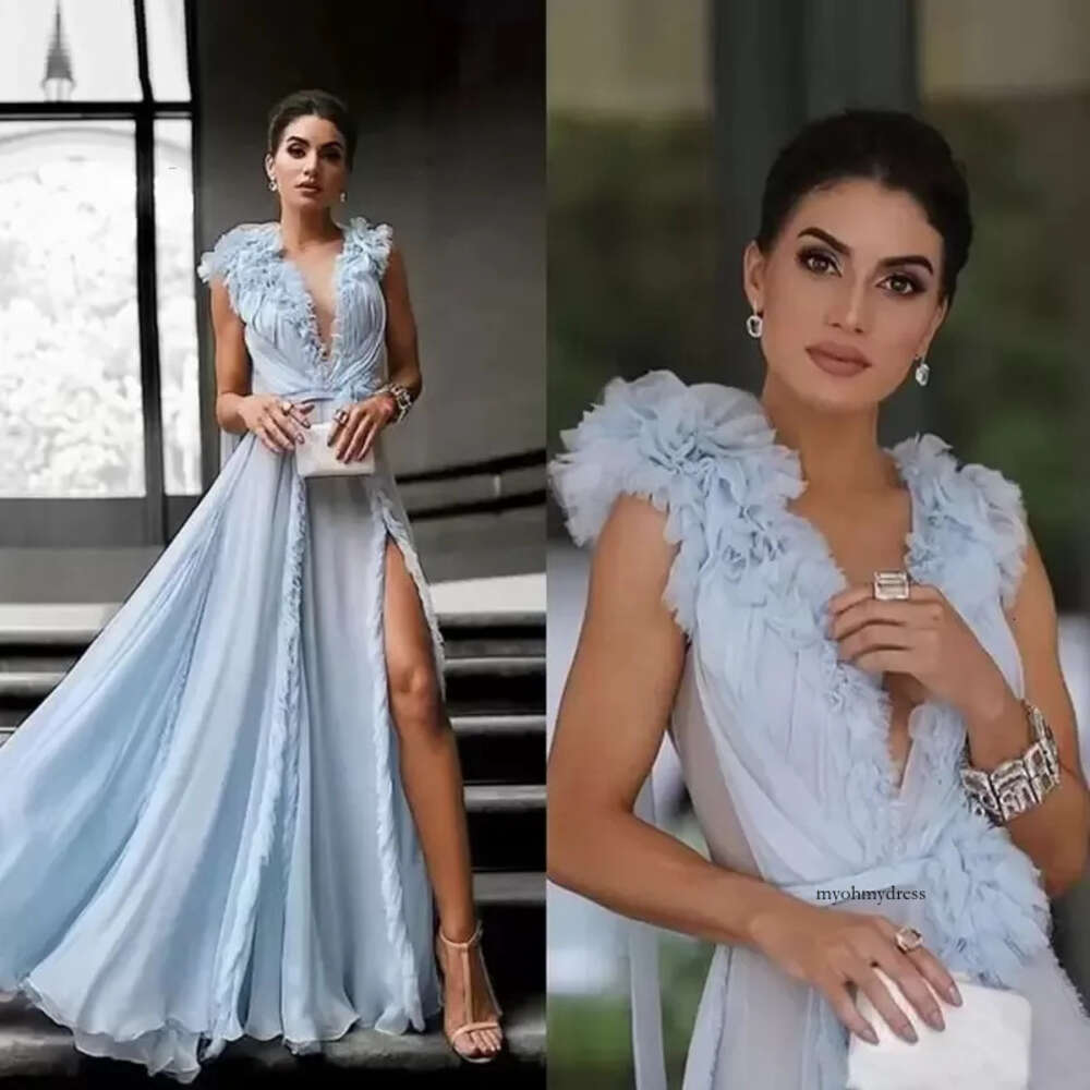 Deep V-Neck A-Line Evening Dresses Sleeveless Ruffled Sexy See Through High Split Floor Length Prom Dress Party Gownsm68 0510