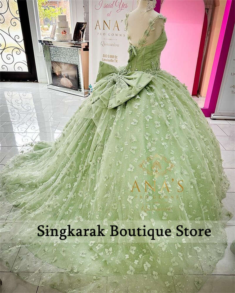 Sage Green Princess Ball Gown Quinceanera Dresses With Bow Beaded Butterfly Appliques Sequins Crystals Sweet 16 Dress Vestidos 6660306
